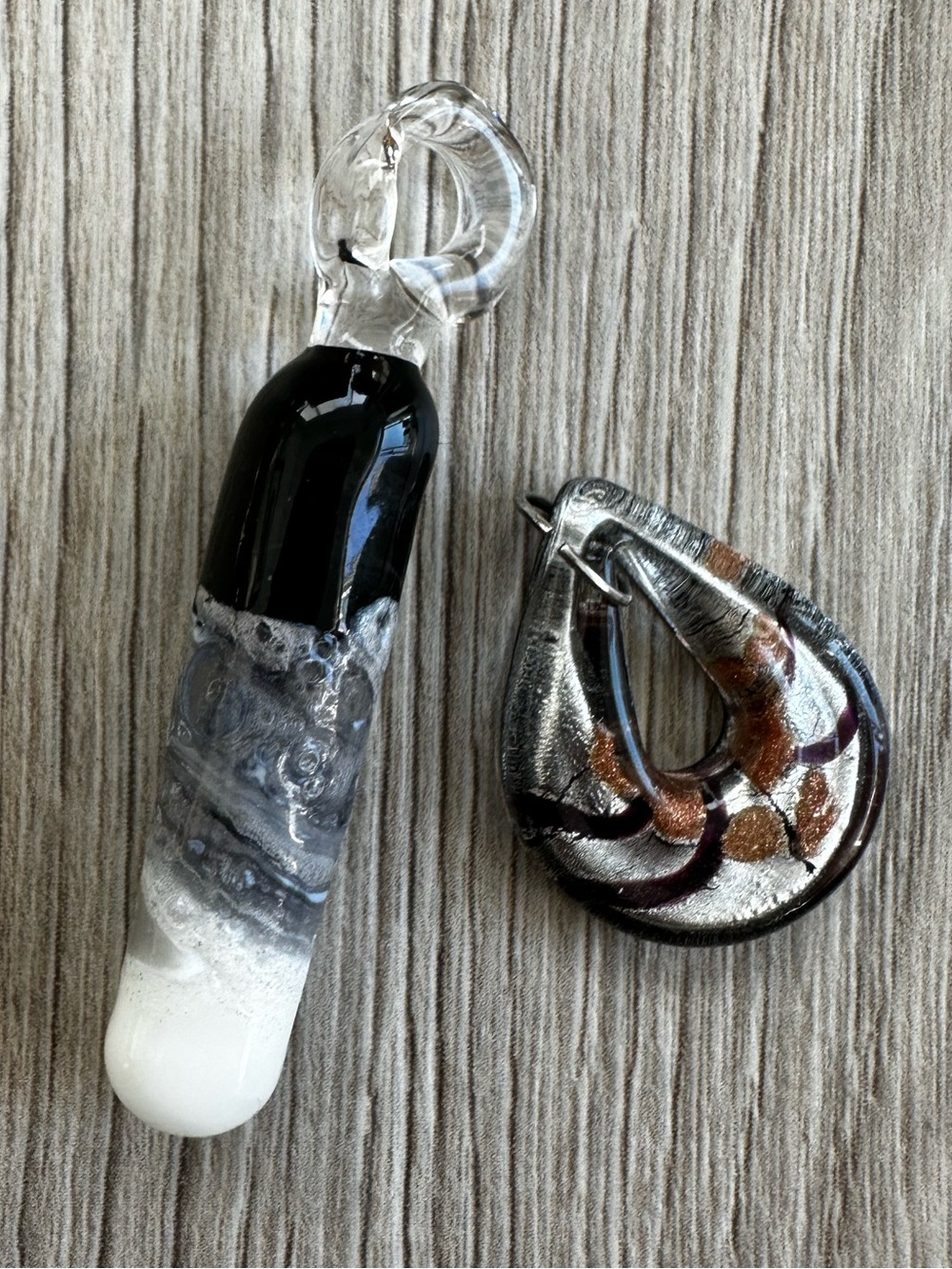 Set of Two Glass Pendants - Black & White, Silver Accent